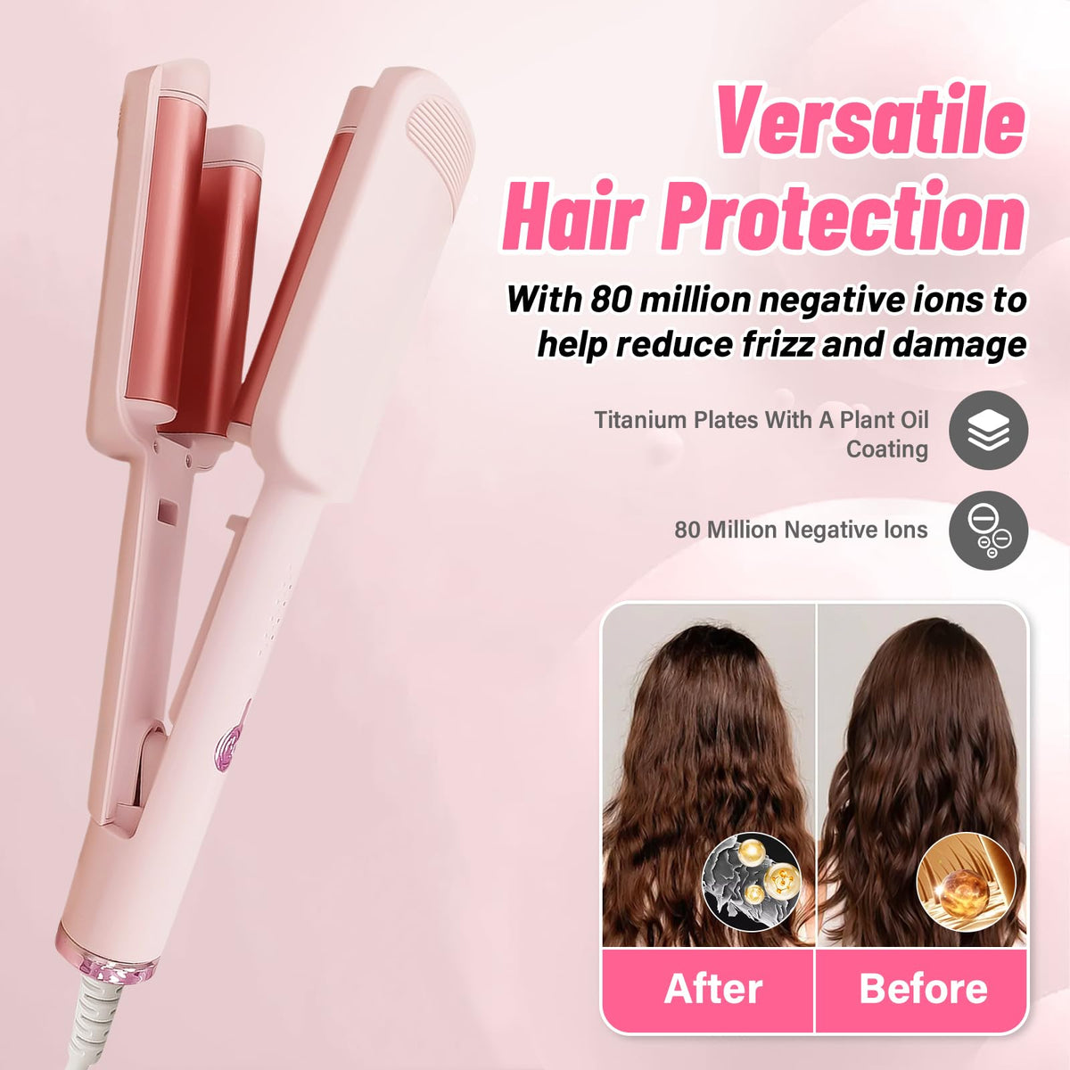 ZWIKAGEF Deep Beach Waver pink handle provides ergonomic grip during styling.