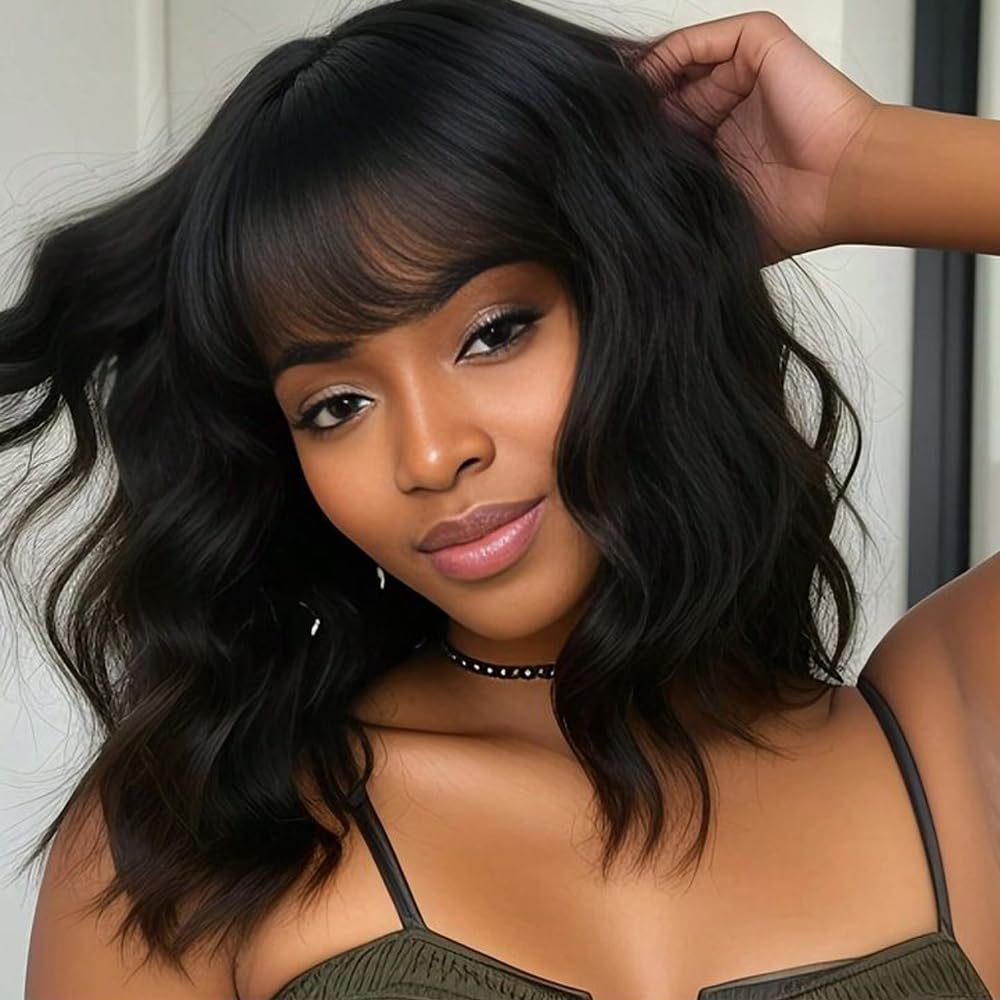 ZYYDSGO bob short wavy curly wig black natural color for a natural everyday look.