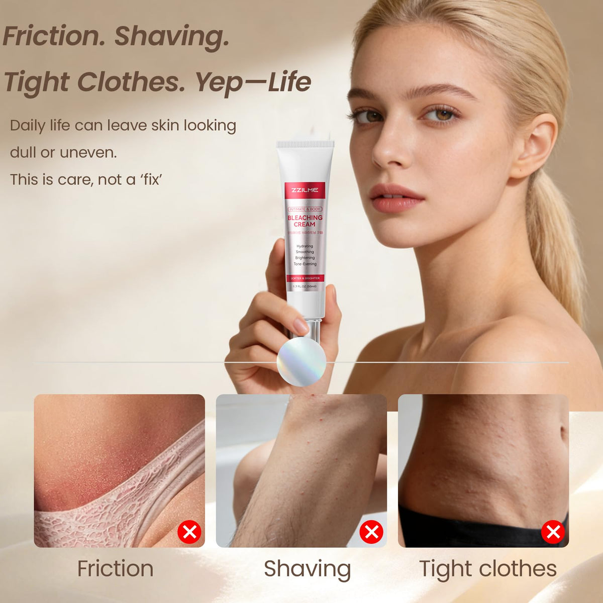 ZZILME underarm brightening area application for delicate skin care.