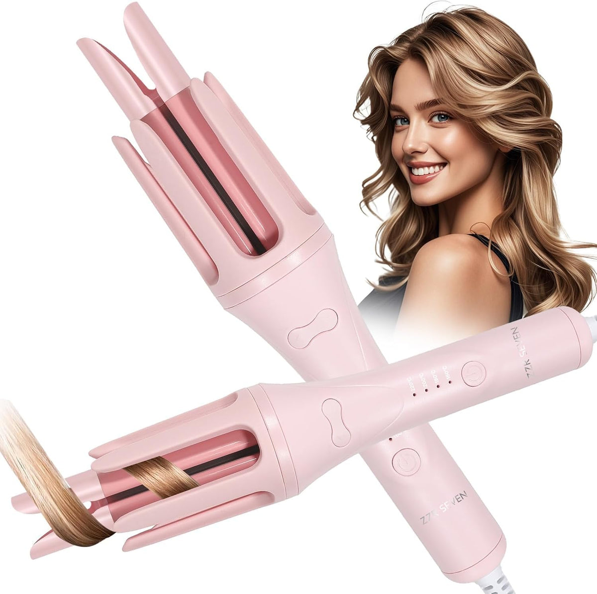 ZZR SEVEN automatic curling iron on pink display showing versatile curling options for all hair types.
