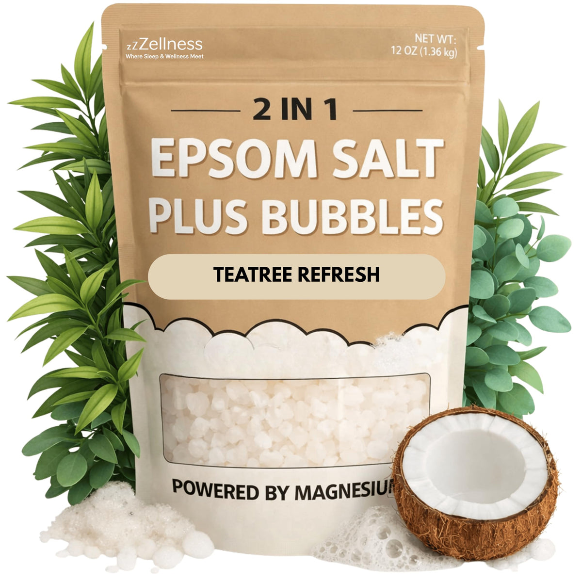 ZZZELLNESS Epsom Salt Plus Bubbles bottle pour showing magnesium sulfate ready for a soothing bath for muscle relief.