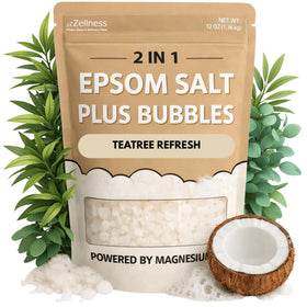 ZZZELLNESS Epsom Salt Plus Bubbles bottle pour showing magnesium sulfate ready for a soothing bath for muscle relief.