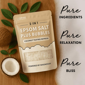Close-up of rich bubbles from ZZZELLNESS Epsom Salt Plus Bubbles with coconut and tea tree aroma for relaxation.