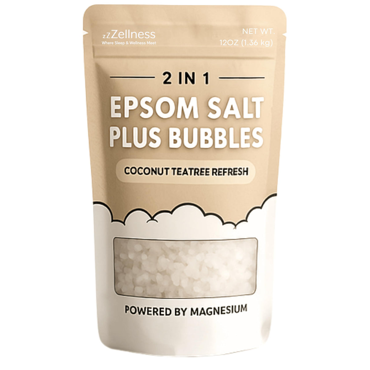 Compact 12 oz bottle of ZZZELLNESS Epsom Salt Plus Bubbles for home use.
