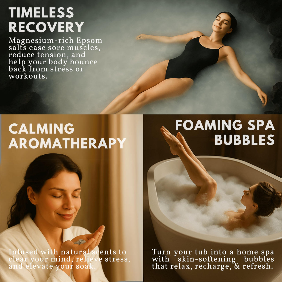 Calm mood aided by ZZZELLNESS Epsom Salt Plus Bubbles aromatherapy during relaxation.