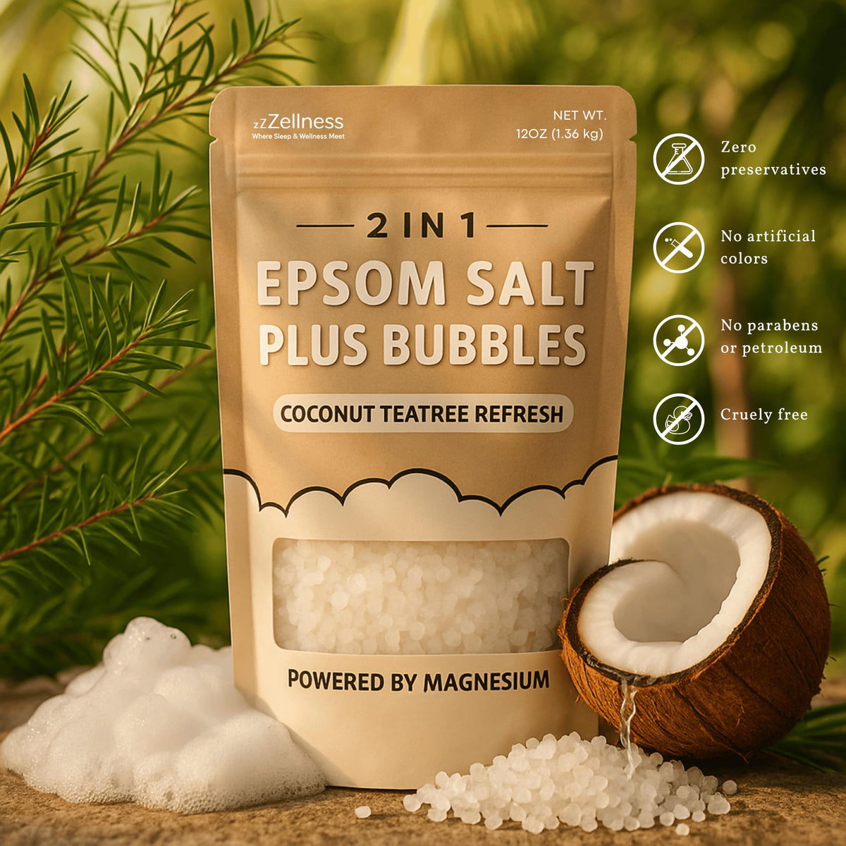 Scent notes of coconut and tea tree in ZZZELLNESS Epsom Salt Plus Bubbles diffusing mood enhancing aromas.