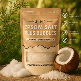 Scent notes of coconut and tea tree in ZZZELLNESS Epsom Salt Plus Bubbles diffusing mood enhancing aromas.