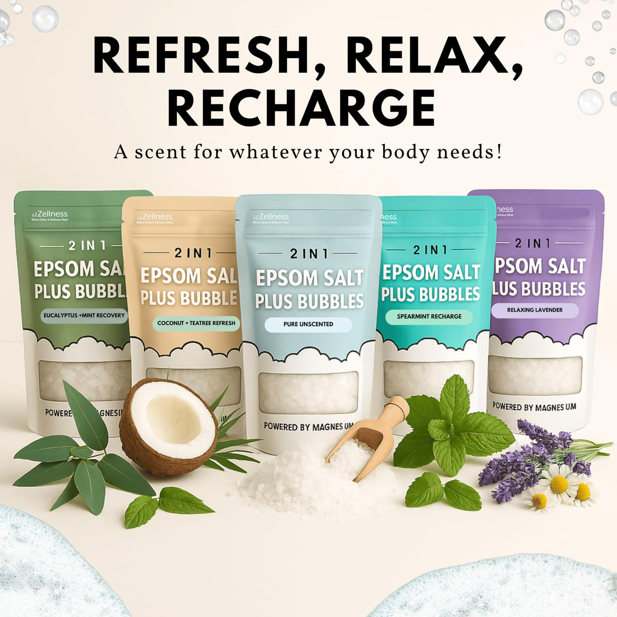 Gentle on skin, ZZZELLNESS Epsom Salt Plus Bubbles cares for skin during a soak.